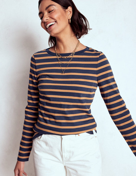Olivia Long Sleeve Breton-Navy, Camel Stripe