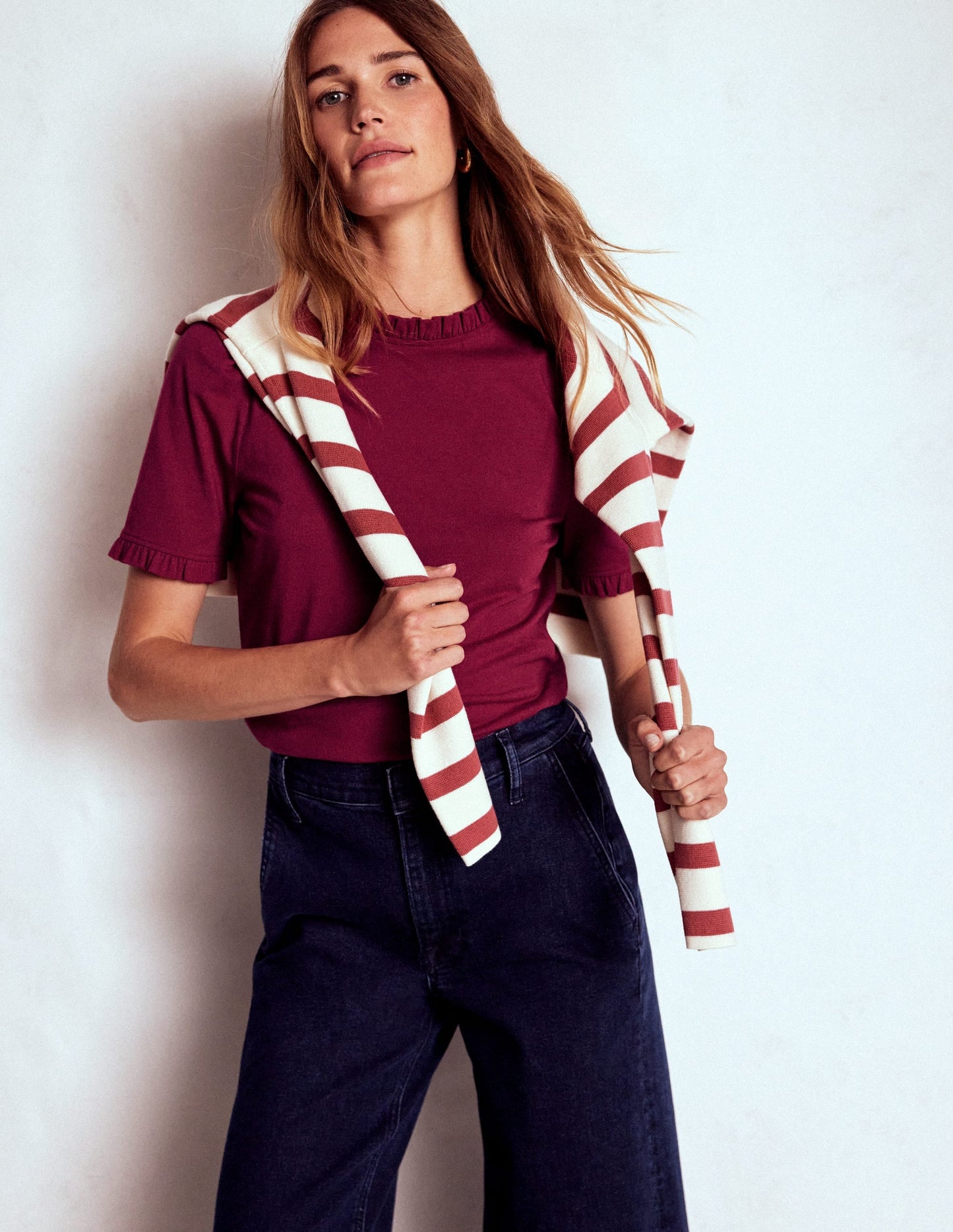 Supersoft Frill Detail T-shirt-Burgundy Red