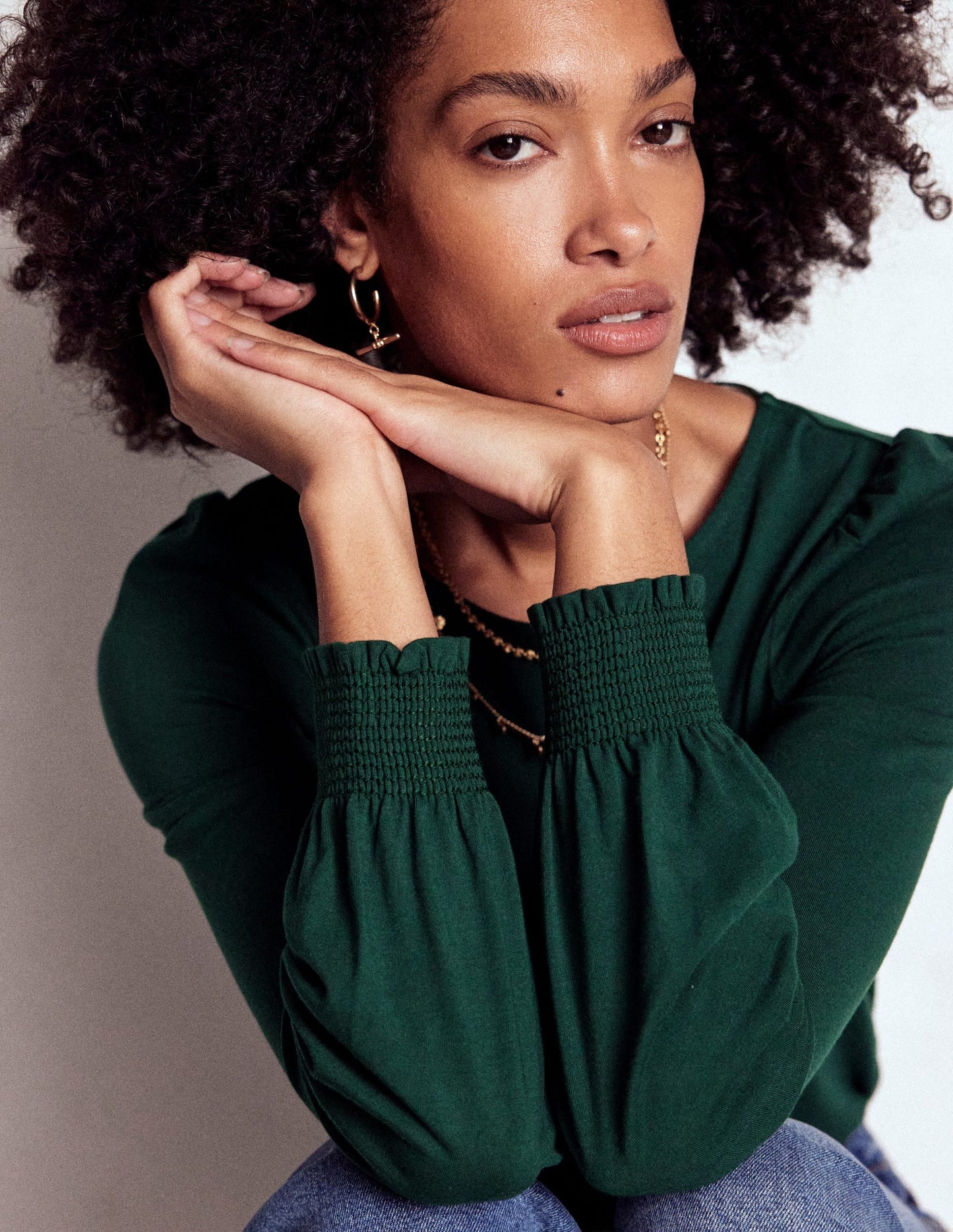 Smocked Cuff Supersoft Top-Green Pine