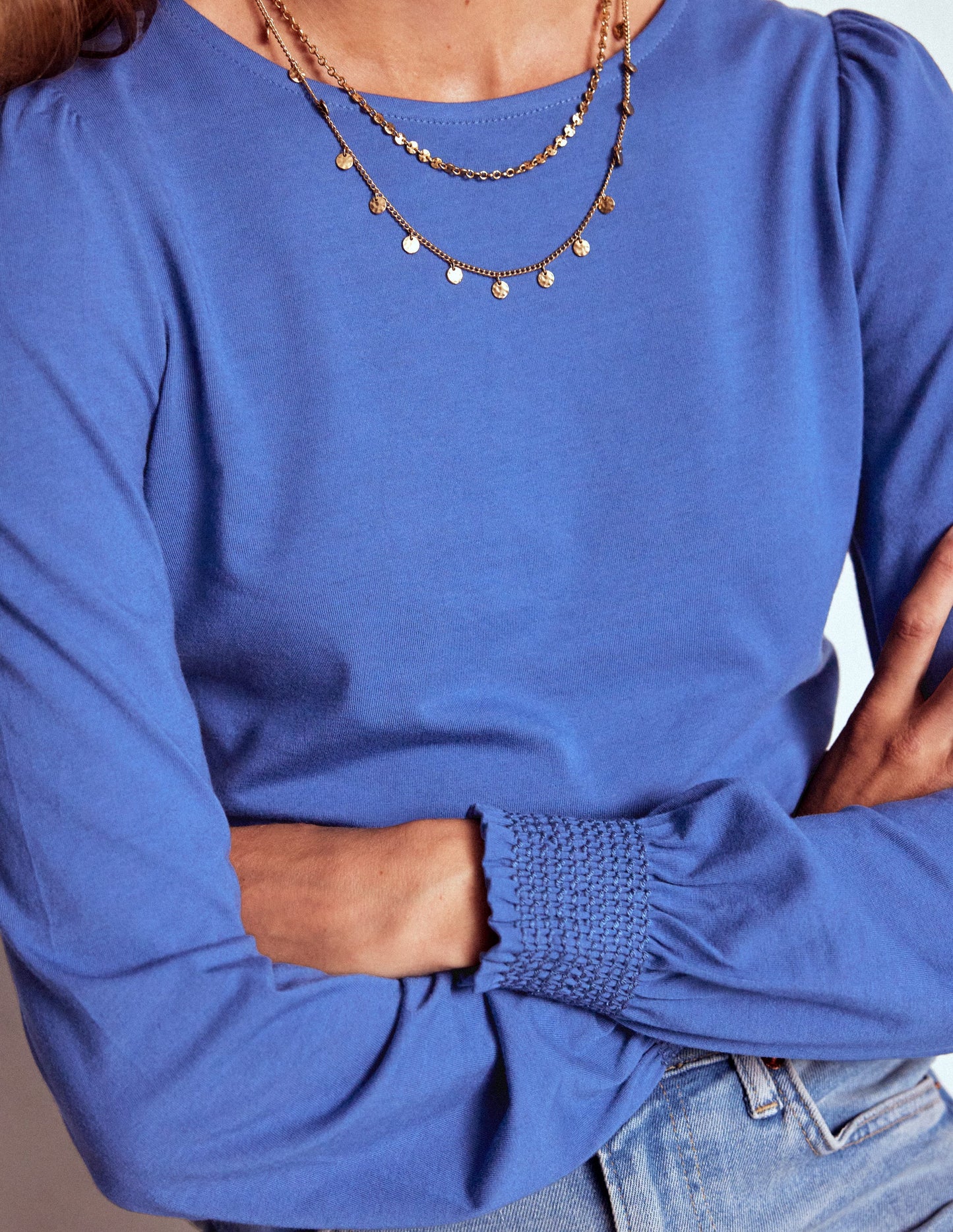 Smocked Cuff Supersoft Top-Denim Blue