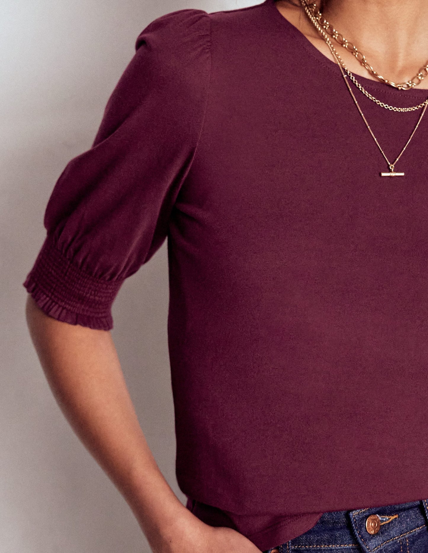 Short Sleeve Smocked Cuff Top-Deep Wisteria