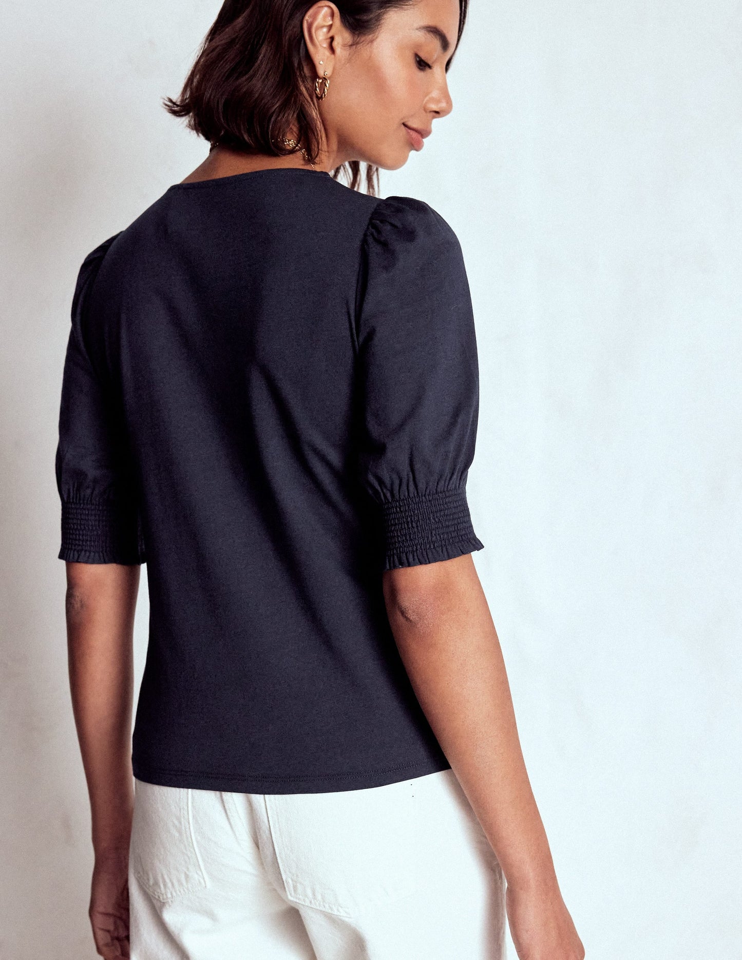 Short Sleeve Smocked Cuff Top-Navy