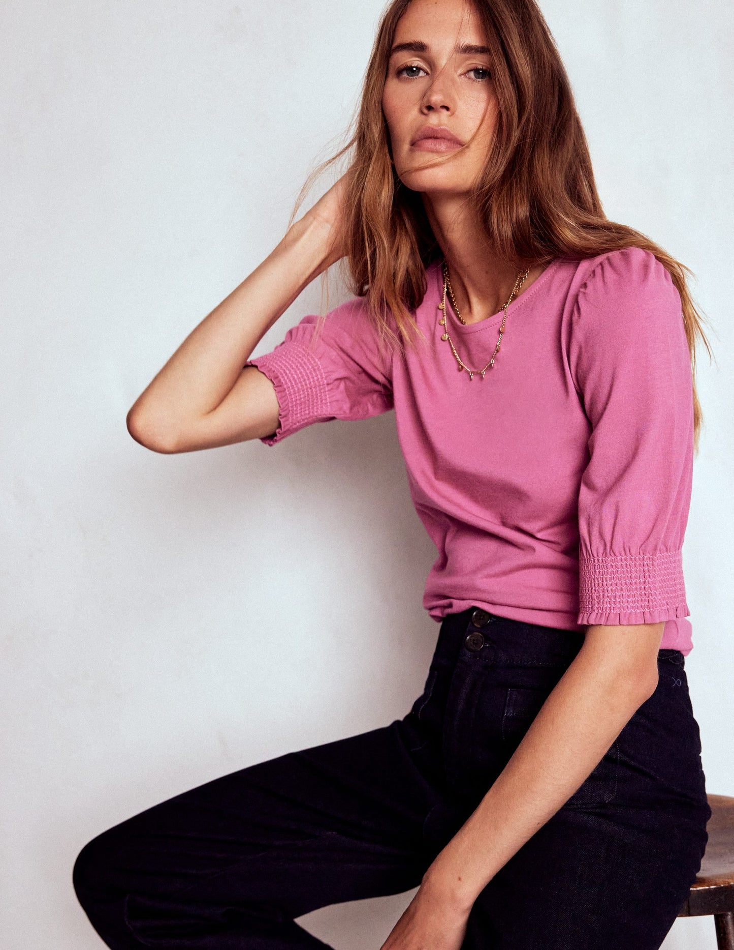 Short Sleeve Smocked Cuff Top-Purple Damson