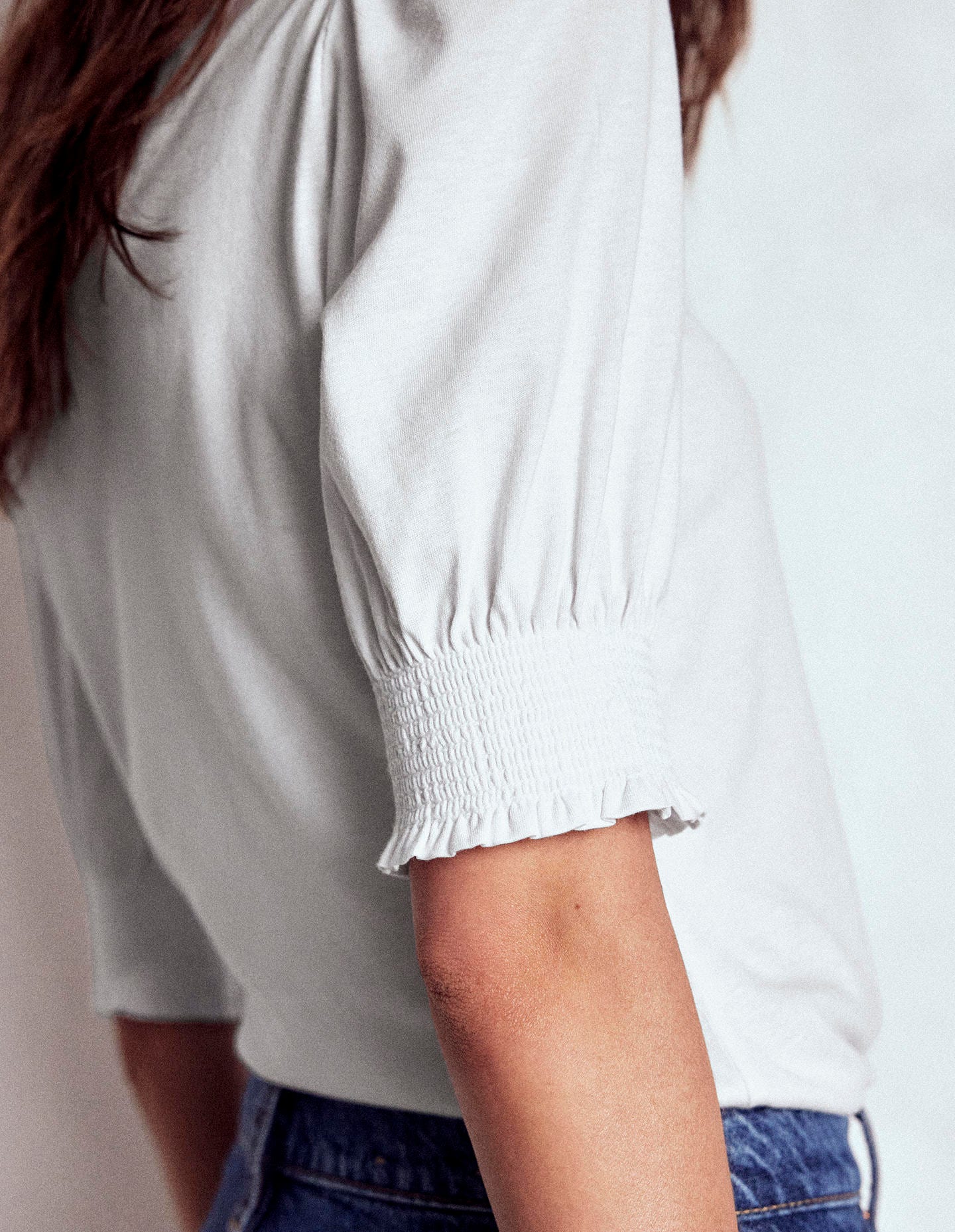 Short Sleeve Smocked Cuff Top-White
