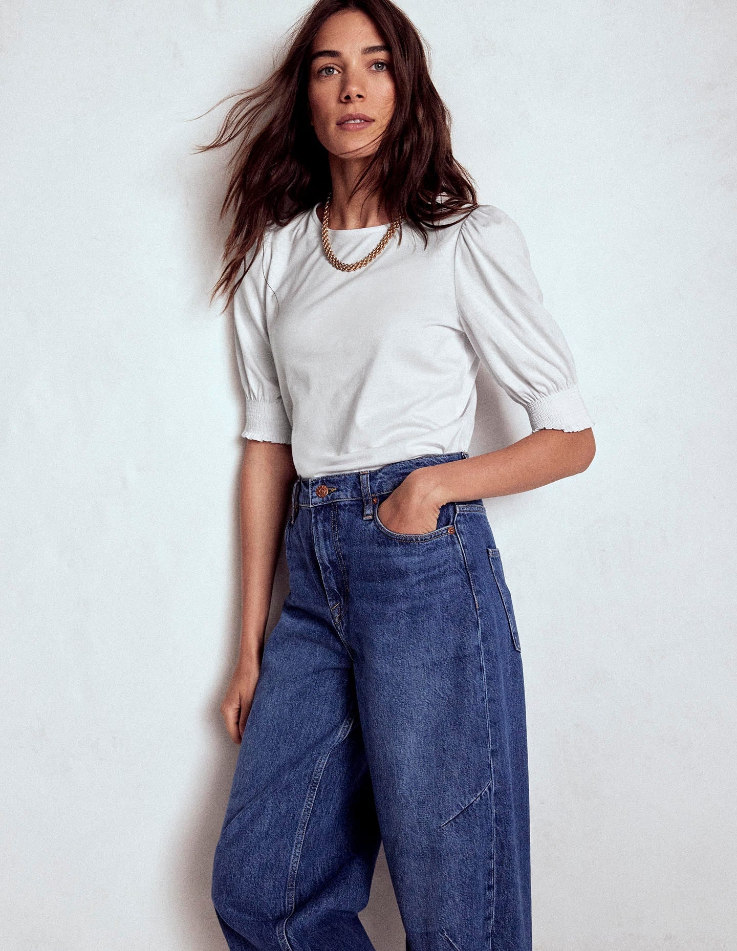 Short Sleeve Smocked Cuff Top-White